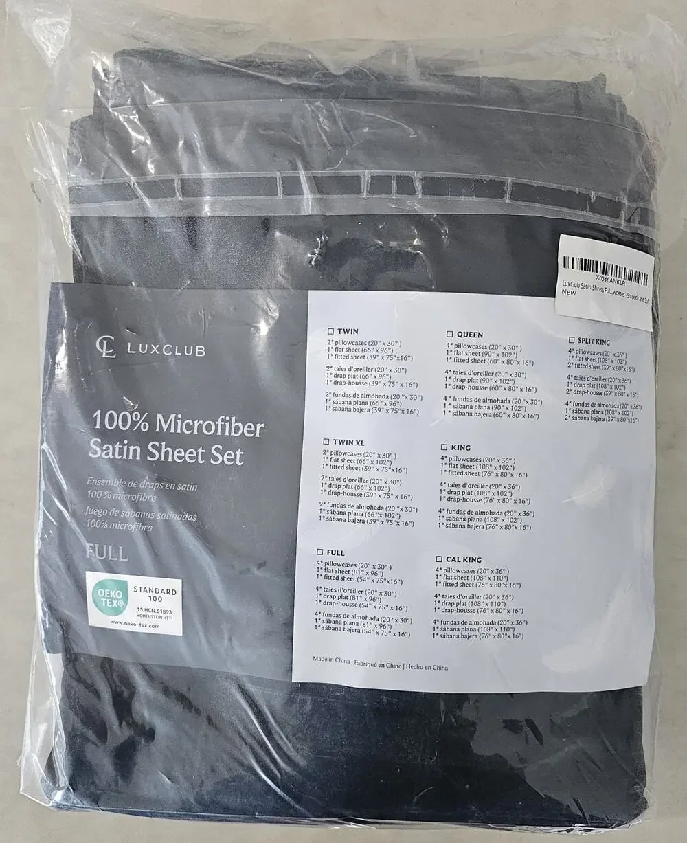 LuxClub 100% Microfiber Satin Sheet Set Full Size Black NEW Sealed